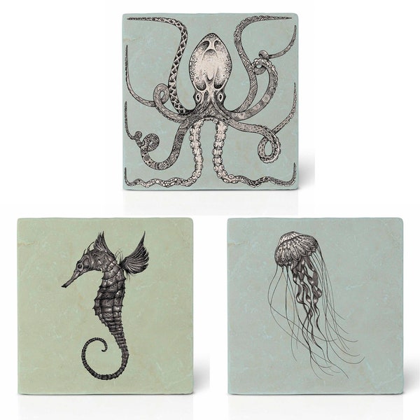 Tile coasters set of 3 | »Sea animals« | Design coasters | Natural stone tile