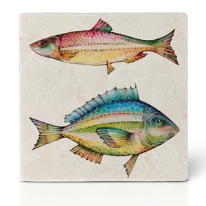 Könnte beinhalten: Zwei bunte Fische, die auf einer weißen Marmorfliese gemalt sind. Die Fische sind ein blauer und grüner Fisch mit gelbem Bauch und ein rosa und gelber Fisch mit rotem Bauch.