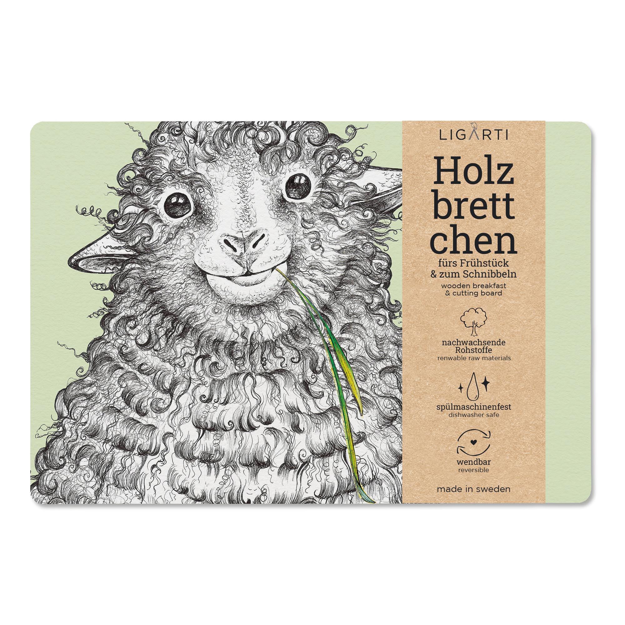 Frühstücksbrettchen Holz Wollfried das Schaf, FSC Brettchen spülmaschinenfest, Holzbrettchen mit Tiermotiv, handgefertigt in Schweden