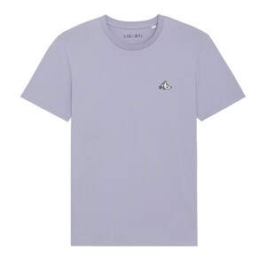May include: A light purple t-shirt with a small embroidered design of two birds on the left chest. The brand name "LIGARTI" is printed on the tag.