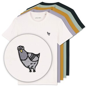 Embroidered unisex T-shirt | "Claude" the dove | Fair Wear, organic cotton | High-quality, sustainable shirt (design by H. Ligeti)