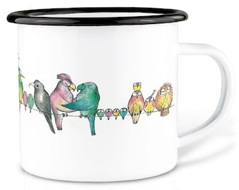 Emaille Tasse (leicht & robust) | »Vogelparade« I Camping Becher | handveredelt in Deutschland | Cup, Kaffeetasse, Emaillebecher