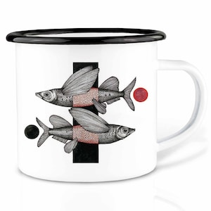 Emaille Tasse (leicht & robust) | »Fliegende Fische« I Camping Becher | handveredelt in Deutschland | Cup, Kaffeetasse, Emaillebecher