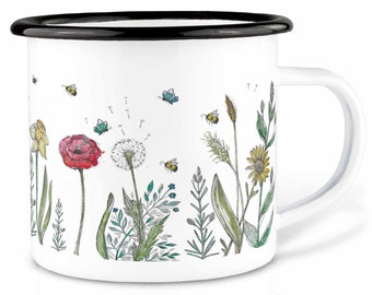 Taza esmaltada (ligera y resistente) | "Prado de flores" I taza que acampa | acabado a mano en Alemania | Taza, taza de café, taza de esmalte