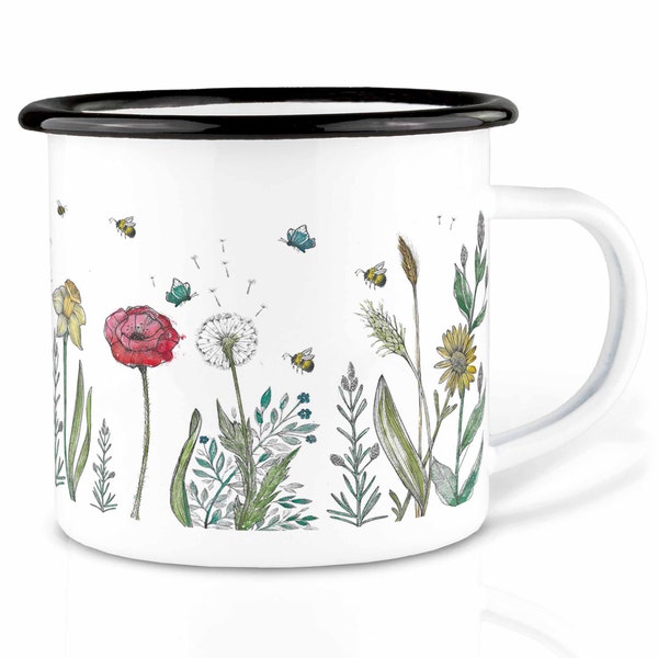 Taza esmaltada (ligera y resistente) | "Prado de flores" I taza que acampa | acabado a mano en Alemania | Taza, taza de café, taza de esmalte