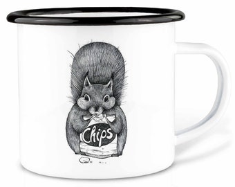 Emaille Tasse (leicht & robust) | »Chipseichhörnchen« | Camping Becher | handveredelt in Deutschland | Cup, Kaffeetasse, Emaillebecher