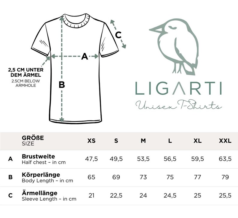 K&ouml;nnte beinhalten: Ein wei&szlig;es T-Shirt mit Rundhalsausschnitt, versehen mit einer Gr&ouml;&szlig;entabelle mit Ma&szlig;en in Zentimetern. Die Tabelle enth&auml;lt Brustumfang, K&ouml;rperl&auml;nge und &Auml;rmell&auml;nge f&uuml;r die Gr&ouml;&szlig;en XS bis XXL. Der Markenname "LIGARTI Unisex T-Shirts" ist ebenfalls abgebildet.