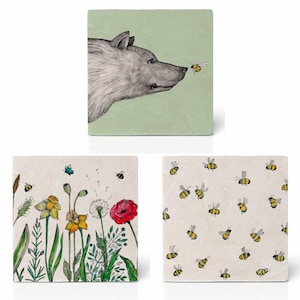 Fliesenuntersetzer 3er Set | »Bienen & Blümchen« | Design Untersetzer | Natursteinfliese