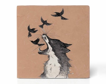 Sous-verres de tuiles | »Renard et oiseaux« | Sous-verres design | Carrelage en pierre naturelle