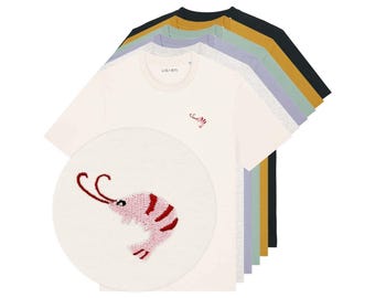 Besticktes T-Shirt Unisex | Nele der Shrimp | FairWear, Bio-Baumwolle | Hochwertiges, nachhaltiges Shirt (Design von H. Ligeti)
