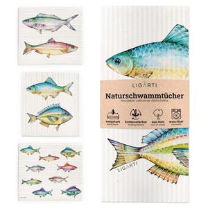Könnte beinhalten: Wiederverwendbare Zellulose-Geschirrtücher mit farbenfrohen Fischillustrationen. Die Geschirrtücher zeigen verschiedene Fischdesigns in Blau-, Grün-, Gelb- und Rosatönen. Die Verpackung enthält den Text "LIGARTI" und "Naturswammtücher".
