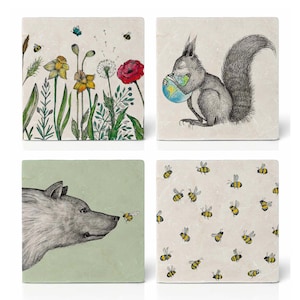 May include: Set of four square coasters featuring nature-inspired illustrations. One coaster shows a squirrel holding a globe, another shows a wolf with a bee, another shows a field of flowers, and the last shows a pattern of bees.