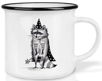 Keramik Tasse (Retro Design) | »Zaubär« | Waschbär Zauberer | handveredelt in Deutschland | Cup, Kaffeetasse, Becher | spülmaschinenfest