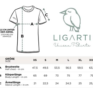 May include: Size chart for unisex t-shirts in XS, S, M, L, XL, and XXL. The chart shows measurements in inches for half chest, body length, and sleeve length.