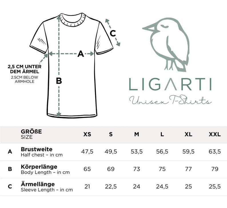 May include: Size chart for unisex t-shirts in XS, S, M, L, XL, and XXL. The chart shows measurements in inches for half chest, body length, and sleeve length.