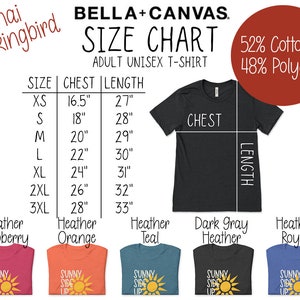May include: Size chart for adult unisex t-shirts made of 52% cotton and 48% polyester. The chart shows chest and length measurements in inches for sizes XS to 3XL.  The chart is displayed on a white background with a black t-shirt in the center.