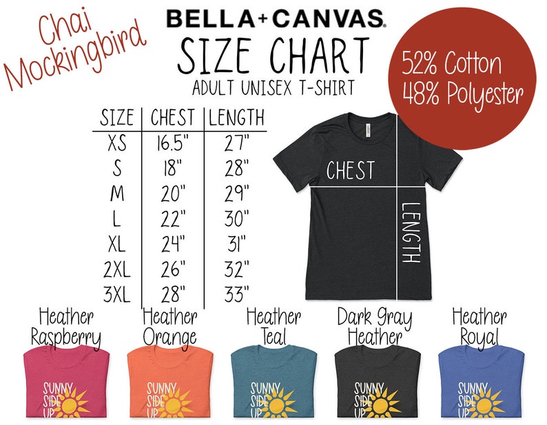 May include: Size chart for adult unisex t-shirts made of 52% cotton and 48% polyester. The chart shows chest and length measurements in inches for sizes XS to 3XL.  The chart is displayed on a white background with a black t-shirt in the center.