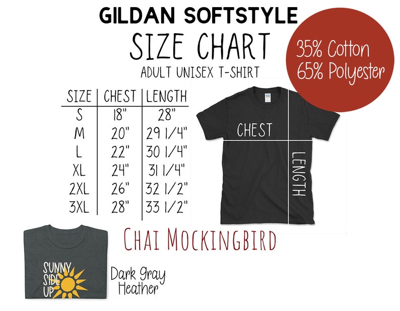 May include: Size chart for Gildan Softstyle adult unisex t-shirts. The chart shows sizes from S to 3XL with corresponding chest and length measurements in inches. The fabric composition is 35% cotton and 65% polyester. The color is dark gray heather.