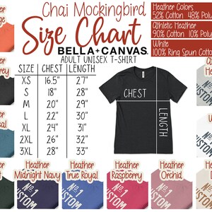 K&ouml;nnte beinhalten: Gr&ouml;&szlig;entabelle f&uuml;r Bella+Canvas Unisex-T-Shirts f&uuml;r Erwachsene. Die Tabelle enth&auml;lt Brust- und L&auml;ngenma&szlig;e in Zoll f&uuml;r die Gr&ouml;&szlig;en XS bis 3XL. Farben sind unter anderem Heather Orange, Dark Grey, Deep Teal, Forest, Midnight Navy, True Royal, Himbeere, Orchidee und Dust.