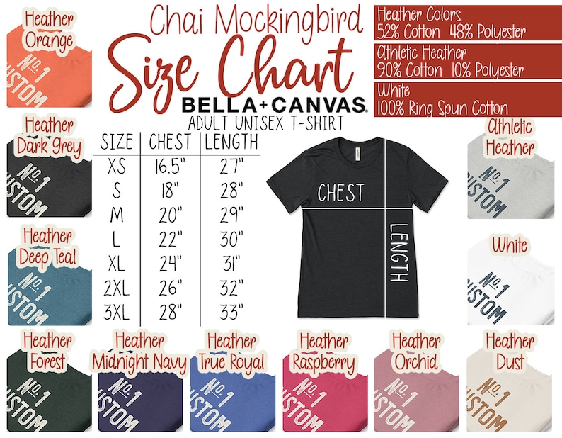 K&ouml;nnte beinhalten: Gr&ouml;&szlig;entabelle f&uuml;r Bella+Canvas Unisex-T-Shirts f&uuml;r Erwachsene. Die Tabelle enth&auml;lt Brust- und L&auml;ngenma&szlig;e in Zoll f&uuml;r die Gr&ouml;&szlig;en XS bis 3XL. Farben sind unter anderem Heather Orange, Dark Grey, Deep Teal, Forest, Midnight Navy, True Royal, Himbeere, Orchidee und Dust.