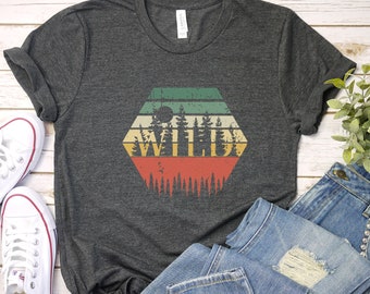 WILD Shirt, Hexagon Mountains Forest Retro Sunset Long Sleeve, Outdoors Valentines Shirts Graphic Tee geometric, Wilderness hiking