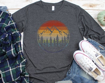 Retro Mountains Long Sleeve Shirt, Rainbow Forest Sunset Shirt, Trees Outdoors, Wilderness Adventure Shirts Graphic Tee, Mountain Hiking