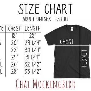 May include: Size chart for adult unisex t-shirts. The chart shows sizes from S to 3XL with corresponding chest and length measurements in inches. The chart also includes a black t-shirt with the words "CHEST" and "LENGTH" marked on it.