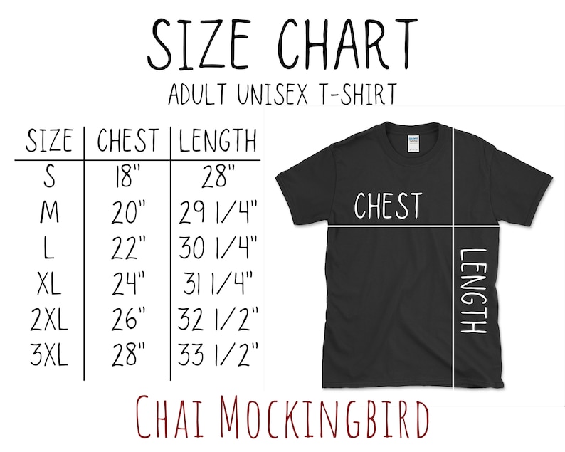 May include: Size chart for adult unisex t-shirts. The chart shows sizes from S to 3XL with corresponding chest and length measurements in inches. The chart also includes a black t-shirt with the words "CHEST" and "LENGTH" marked on it.