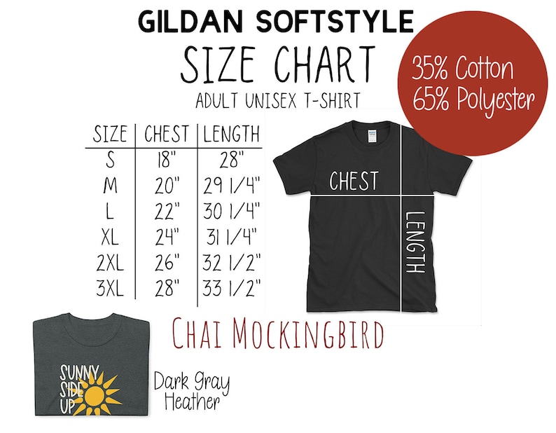 Puede incluir: Tabla de tallas para camisetas unisex para adultos Gildan Softstyle. La tabla muestra las tallas de la S a la 3XL con las medidas de pecho y longitud correspondientes en pulgadas. La composici&oacute;n de la tela es 35% algod&oacute;n y 65% poli&eacute;ster. El color es gris jaspeado oscuro.