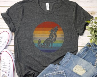 Coyote Shirt, Witchy Retro Sunset tShirt, Rainbow Celestial Moon Coyote Outdoors Long Sleeve, Moon Adventure Graphic Tee