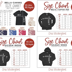 Pu&ograve; includere: Tabelle delle taglie per vari capi Bella+Canvas e Gildan, tra cui t-shirt, maglie a maniche lunghe, felpe e felpe con cappuccio. Le tabelle mostrano le misure di petto, larghezza e lunghezza in pollici per diverse taglie.