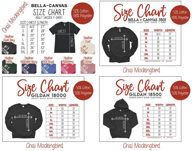 Pu&ograve; includere: Tabelle delle taglie per vari capi Bella+Canvas e Gildan, tra cui t-shirt, maglie a maniche lunghe, felpe e felpe con cappuccio. Le tabelle mostrano le misure di petto, larghezza e lunghezza in pollici per diverse taglie.