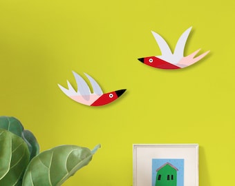 Conjunto de decoración de pared 3D | 2 golondrinas de cartón reciclado | pájaros de papel | decoración de la sala de estar | Decoración de guardería | chica | chico | cuarto del bebé