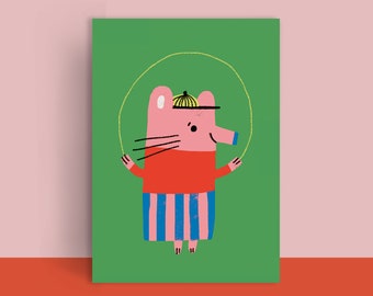 Postcard | greeting card | mouse with skipping rope | birthday card | Children's Birthday | Nursery | environmentally friendly