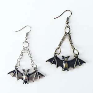 Bat Earrings Punk Gothic Dark Chiroptera Nocturnal Mystic Occult Halloween Vampire Elvira Victorian Celestial Flying Bat Cave