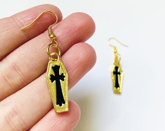 Pendientes de cruz de ataúd dorado y negro / Lápida de ataúd Gótico Muerte Halloween Punk Cementerio oscuro