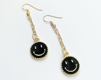Pendientes colgantes con carita sonriente negra / Joyería de emoción feliz
