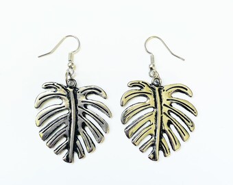 Pendientes de hoja de monstera, pendientes de plantas tropicales de plata
