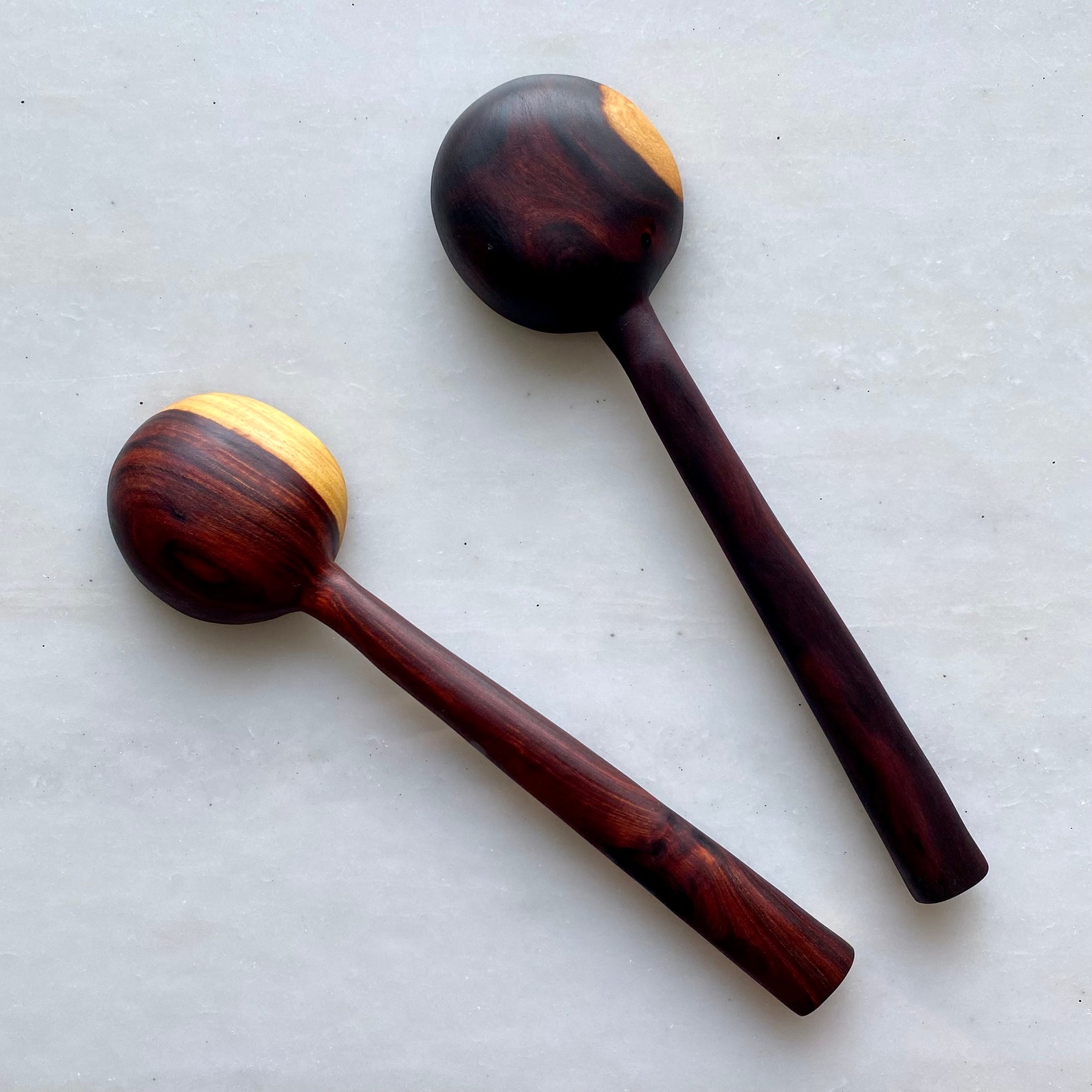 Hand Carved Wooden Coffee Scoop Ebony, African Teak, and Mukwa Wood