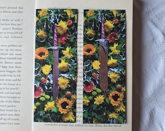 Short Sword and Flowers Bookmark, Eco-Friendly, Fantasy Gift