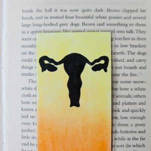 May include: A black silhouette of a female reproductive system on a yellow to orange gradient background.