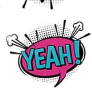 Könnte beinhalten: Drei bunte Sprechblasen aus Comics mit den Worten "OMG!" in Gelb, "YEAH!" in Blau und "WTF!" in Rot.