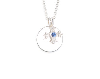 necklace with pendant: customizable necklace, cross "star flowers"- sterling, saphire blue