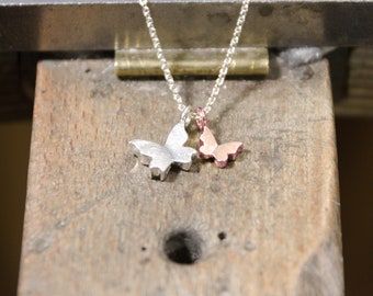 necklace with pendants: butterfly little and mini - silver, rosegold