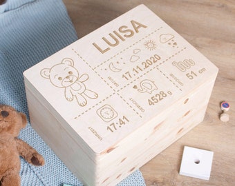 Erinnerungskiste Baby - Erinnerungsbox Kinder | Personalisierte Holzkiste zur Geburt - M, L, XL - TEDDY Holz Kiste mit Namen personalisiert