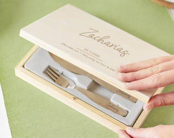 Personalisiertes Besteck für Kinder mit Gravur | Kinderbesteck inkl. Holzbox für Mädchen und Jungen