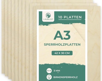 LAUBLUST 10 x A3 Sperrholzplatte 3mm |ca. 42 x 30 cm| Birkensperrholz Dünne Holz-Zuschnitte | Perfektes Blatt zum Malen, kreativen Gestalten