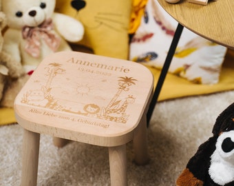 Kinderhocker Personalisiert | Dschungel-Motiv - Kinderstuhl aus Massivholz - Geschenk für Kinder - Höhe ca. 29cm