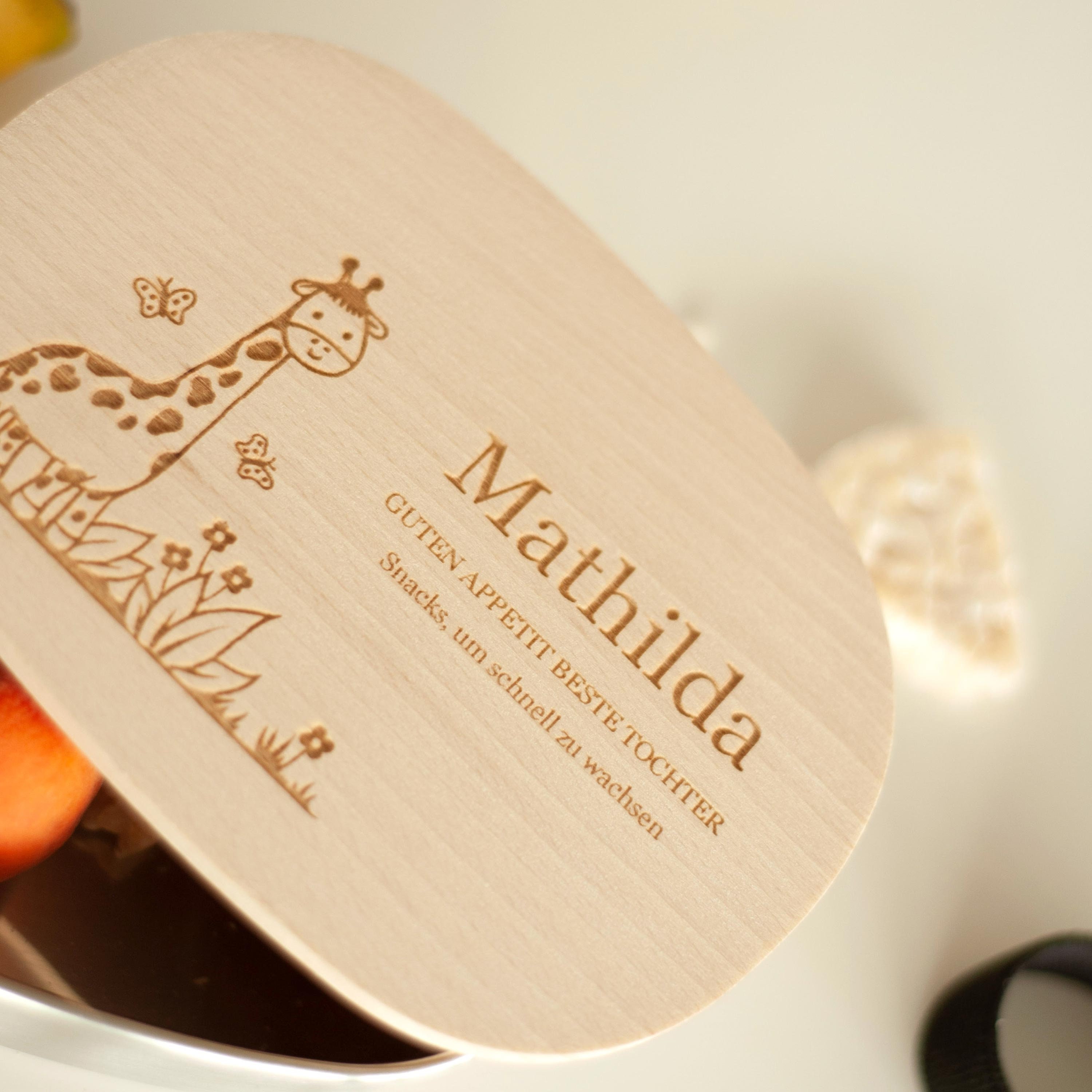 Personalisierte Lunchbox Giraffe - Edelstahl mit Holzdeckel - Dschungel Motiv