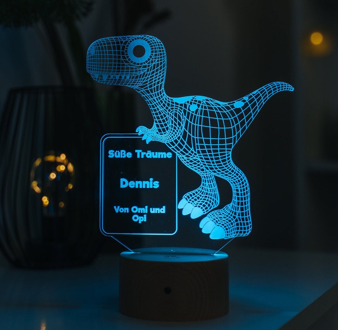 Dino Nachtlicht Personalisierbar | LED Acrylglas Mit Holzsockel, USB-Betrieb, Dimmbar - Süße Einschlafhilfe Für Kinder